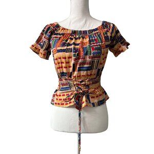 Colorful Tribal Print Vintage-Inspired Off-Shoulder Crop Short Sleeve Top Size S